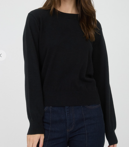 Crew Neck Long Sleeve Solid Knit Sweater - Black