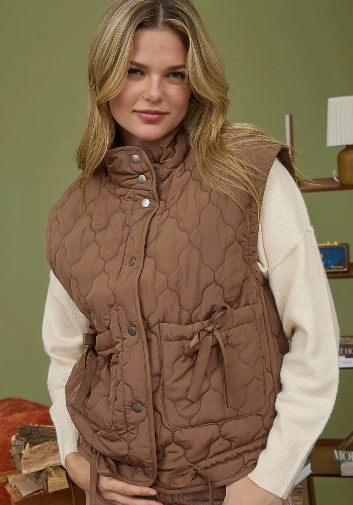 Tie Detail Snap Button Down Quilted Puffer Vest-Brown