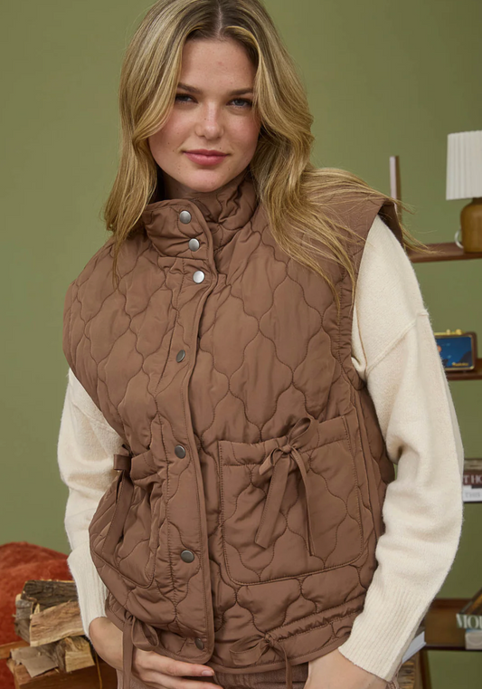 Tie Detail Snap Button Down Quilted Puffer Vest-Brown