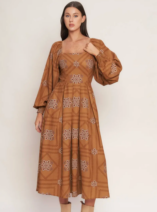 A Printed Woven Midi Dress-Camel