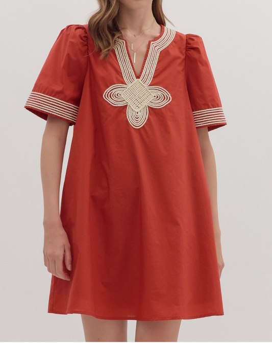 Puff Sleeve Embroidered Dress - Brick