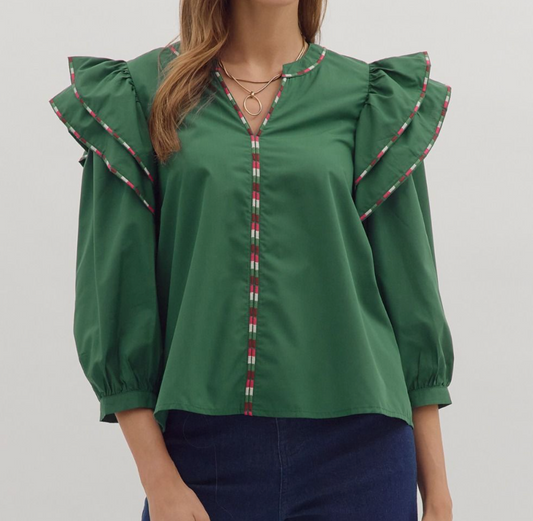 Ruffle Shoulder with Multicolor Trim - Green
