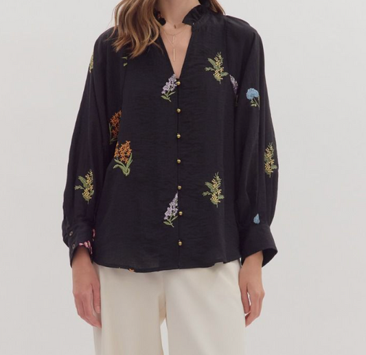 Embroidered Botanical Top - Black