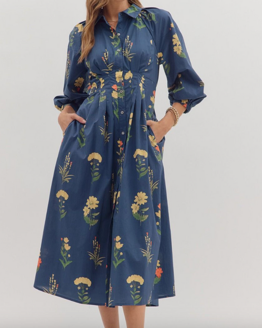 Floral Pleated Waist Midi Dress - Indigo