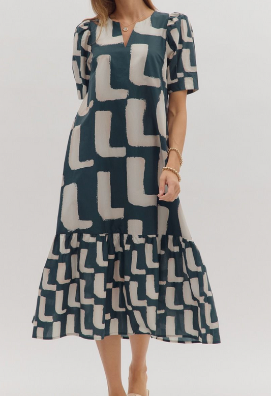 Printed V Neck Midi Dress - Navy