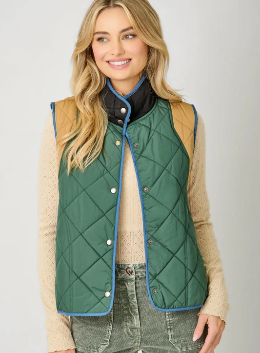 Color Block Padded Vest-Green Mix