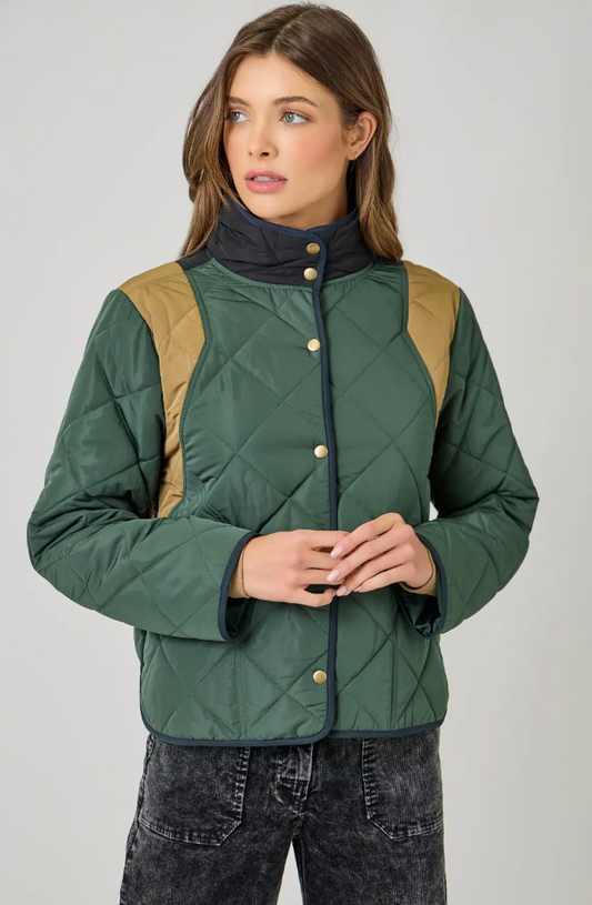 Color Blocked Padded Jacket-Hunter Green