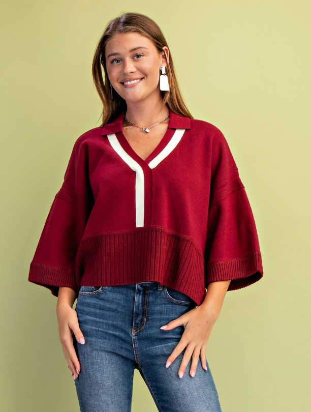 V-neck Collared Sweater- Maroon
