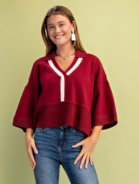 V-neck Collared Sweater- Maroon