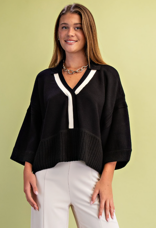 V-neck Collared Sweater- Black