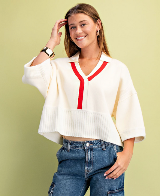 V-neck Collared Sweater- Ivory