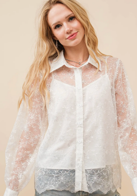 Lace Sheer Metallic Sheer Lace Shirt Blouse