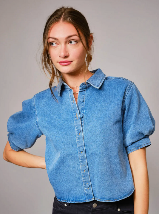 Puff Short Sleeve Button Down Denim Shirt
