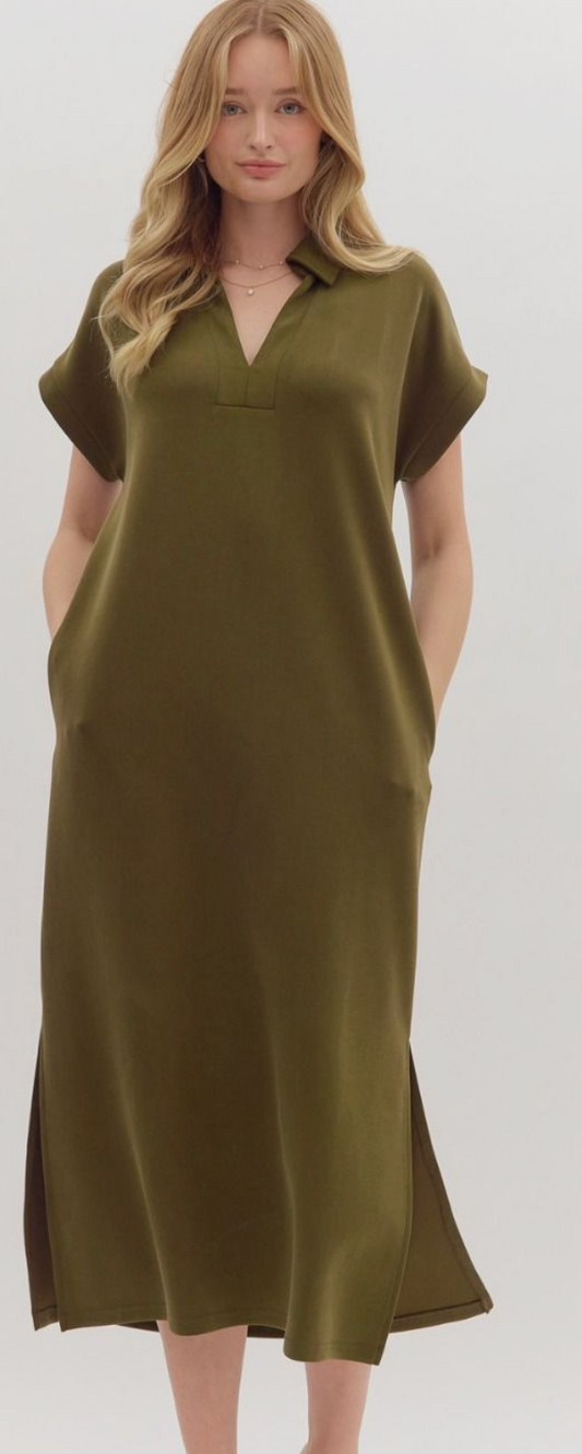 Collar Short Sleeve Midi Pullover Midi Dress-Olive