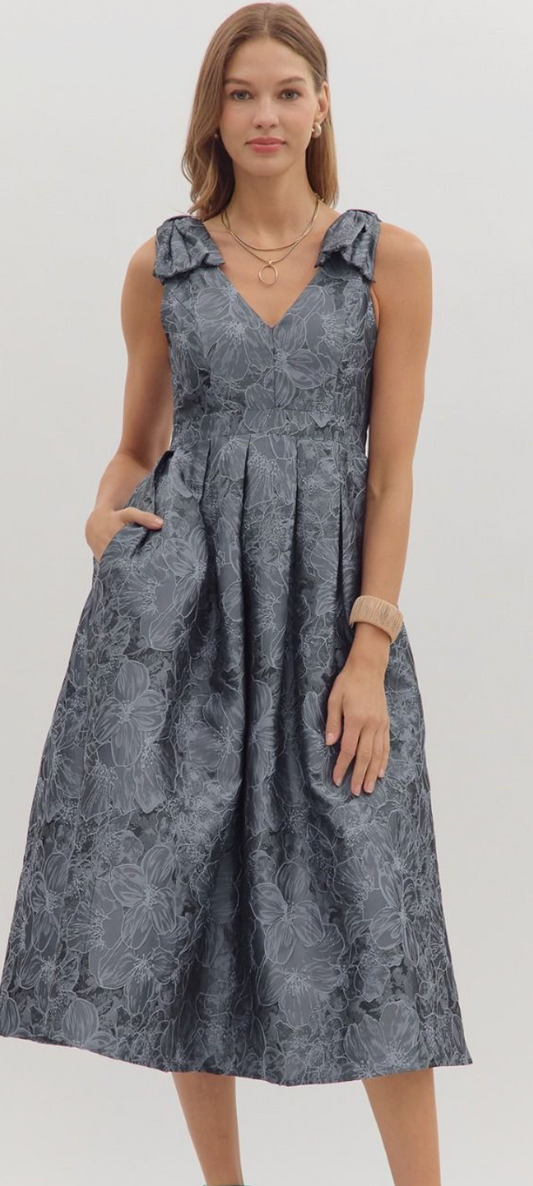 Floral jacquard sleeveless midi dress-Slate Blue