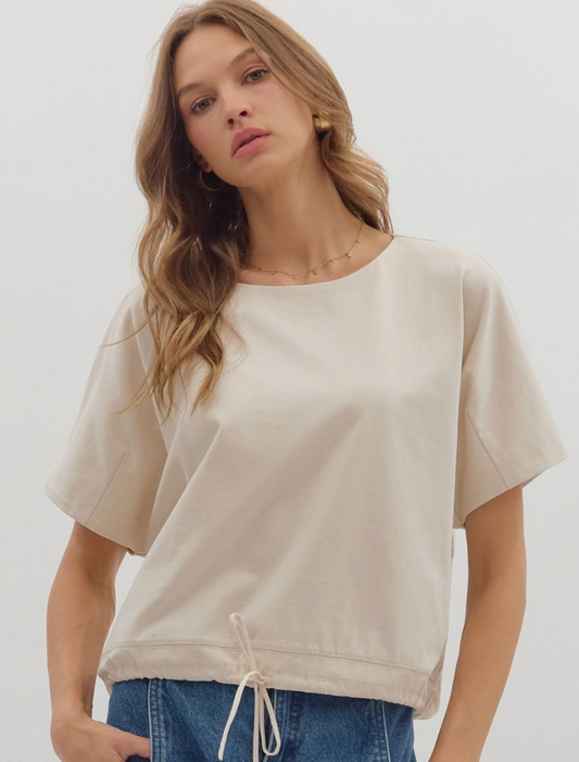Solid short sleeve round neck top- Ecru