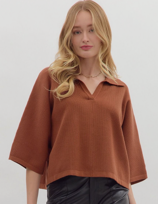 Solid 3/4 sleeve knit top- Brown