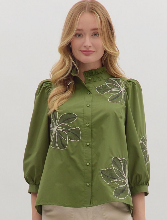 Floral embroidery 3/4 puff sleeve top-Olive