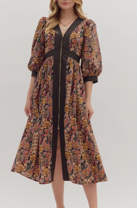 Paisley Print Puff Sleeve Midi Dress