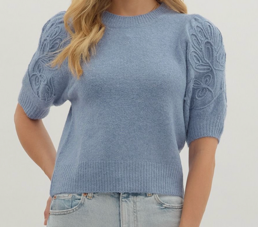 Embroidered Short Sleeve Sweater - Blue