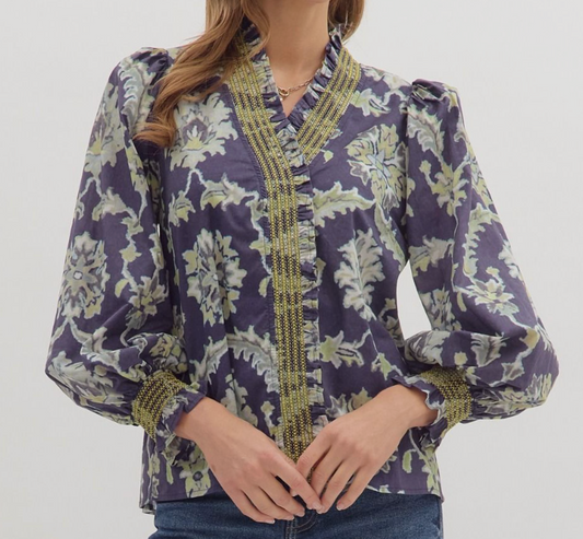 Ruffled Trim Floral Top - Navy