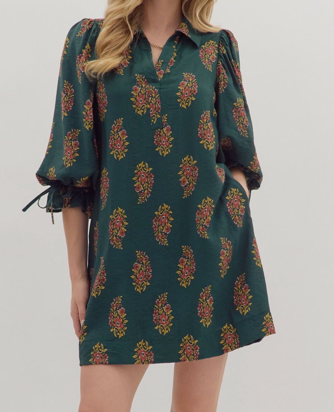Floral Puff Sleeve Mini Dress - Green