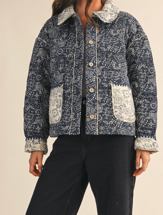 Quilted Bandana Print Jacket - Navy