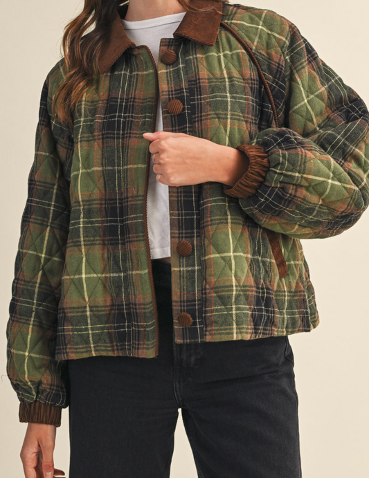 Plaid Quilted Jacket With Contrast Corduroy Detail - Olive