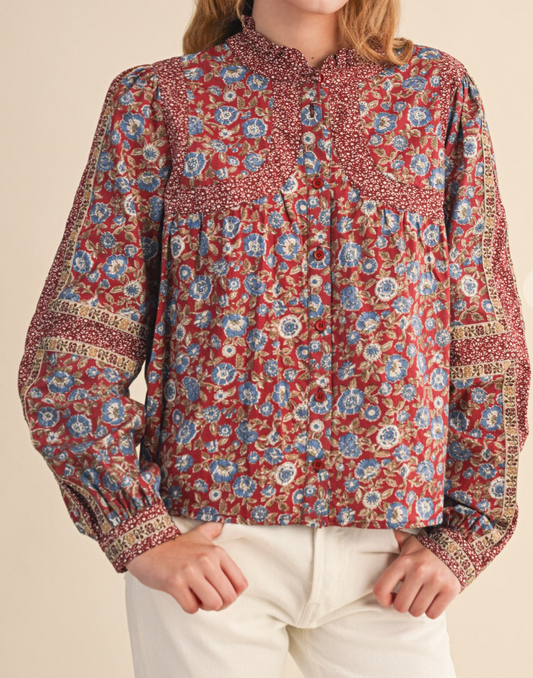 Mixed Print Floral Trim Button Down Top - Brick