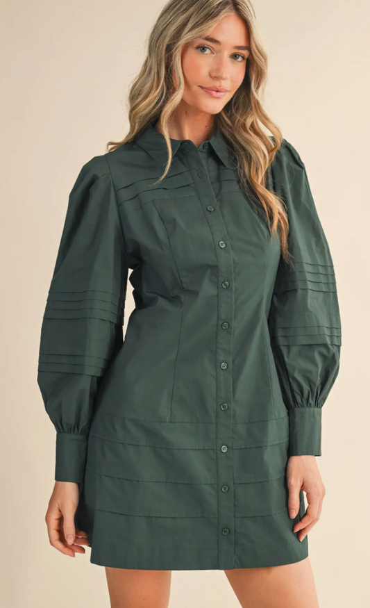 Pin Tuck Detail Button Down Mini Dress- Hunter Green