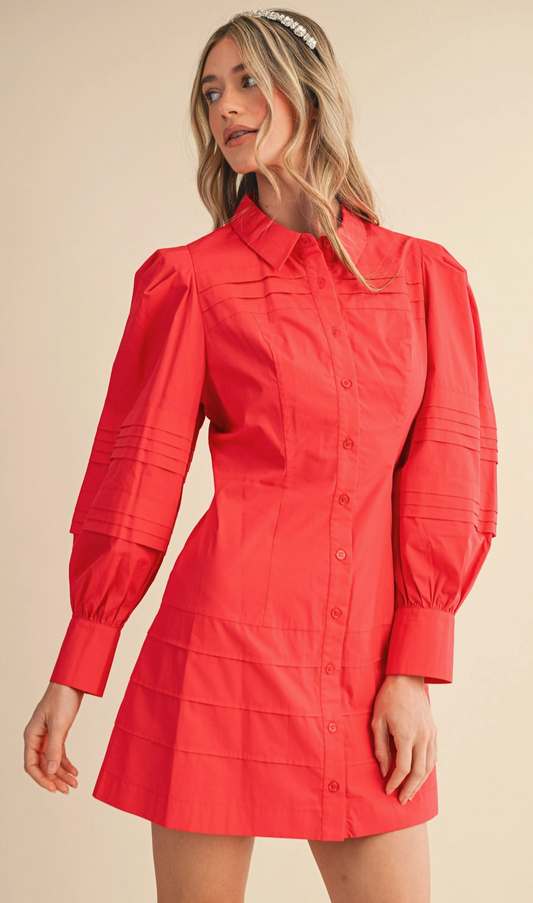 Pin Tuck Detail Button Down Mini Dress- Poppy Red