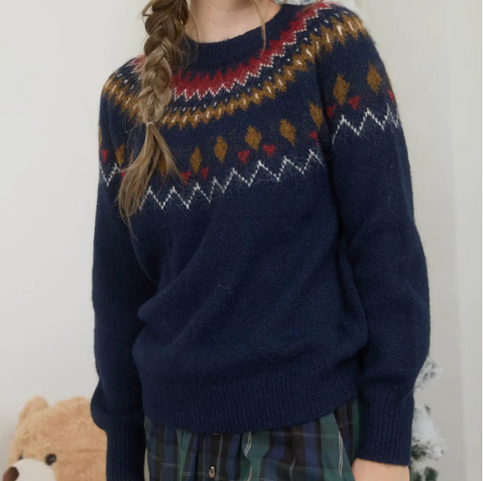 Fuzzy Fair Isle Crew Neck Knit Sweater