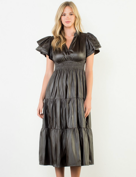 Flutter Sleeve Leather Maxi Dress