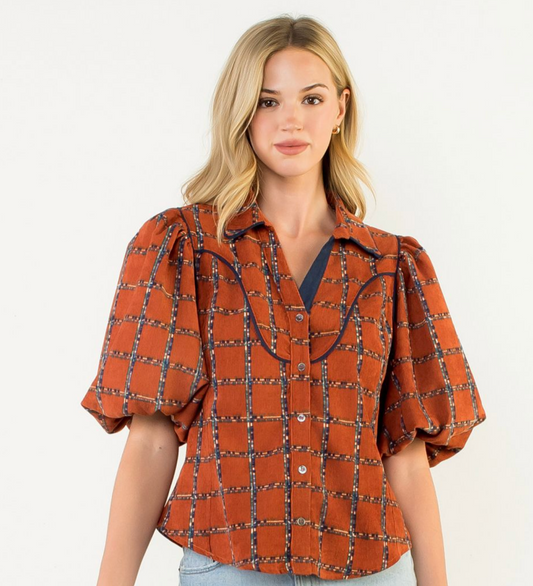 Puff Sleeve Plaid Top