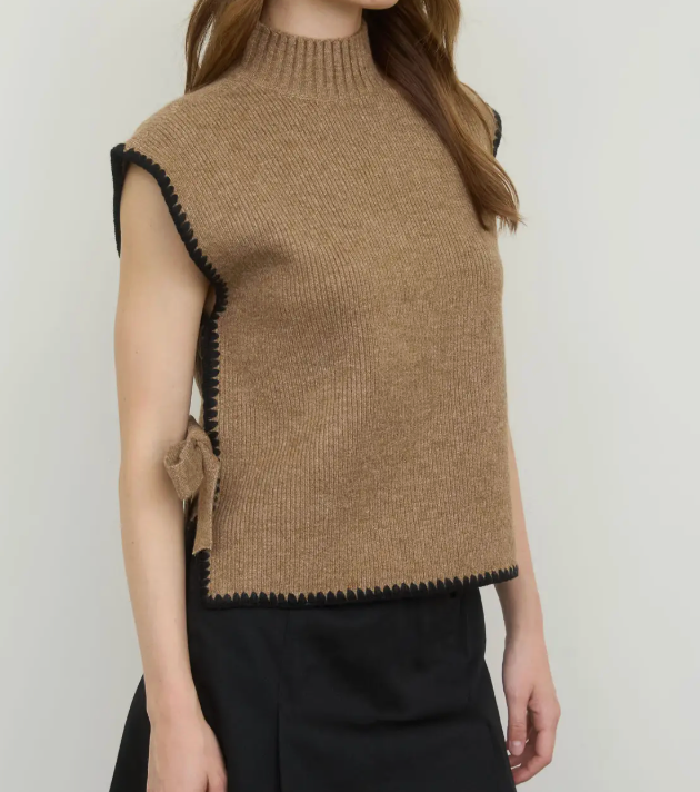 Mock Neck Contrast Stitch Side Tie Sweater Top