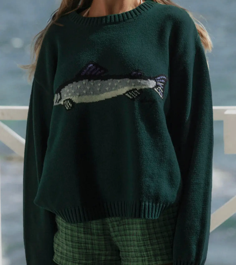 Ocean Fisherman Sardines & Trout Pattern Knit Sweater - Green