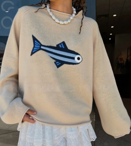 Ocean Adventure Sardines Pattern Knit Sweater - Beige