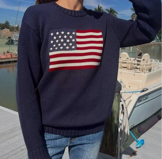 American Flag Jacquard Pullover Knit Sweater