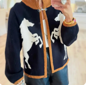 Ribbed Contrast Western Vintage Horse Knit Cardigan