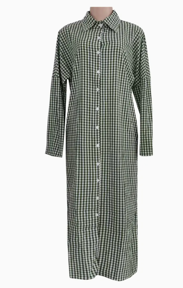 Gingham Long Maxi Shirt, Long Sleeved Dress