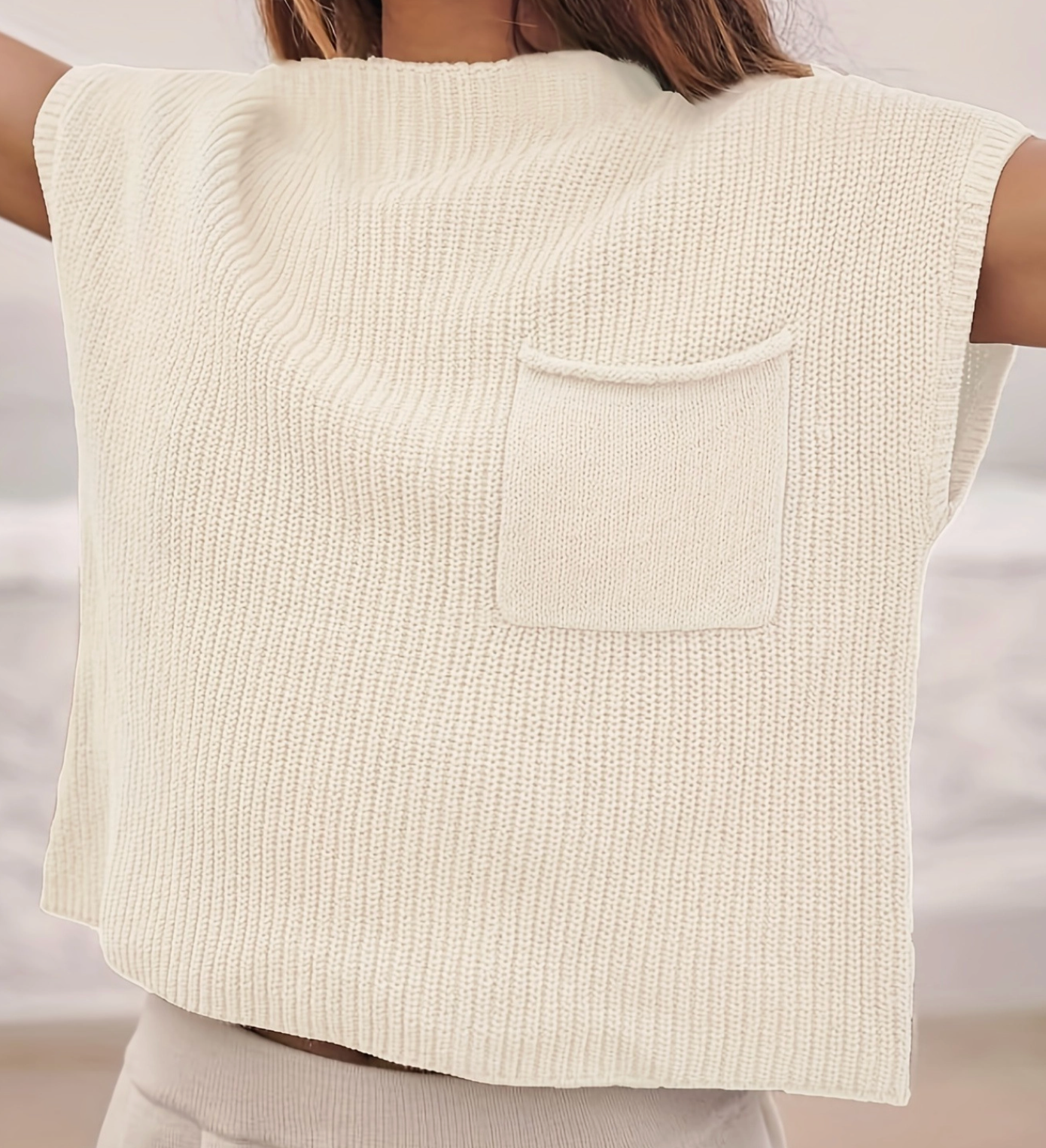 Sleeveless Knit Vest Top Minimalist Pocket Design Casual Fit - White