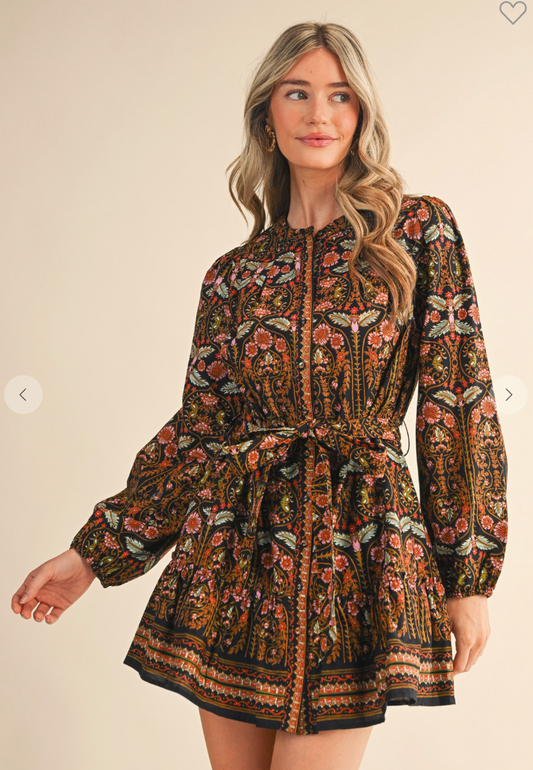 Floral Print Button Down Belted Mini Dress