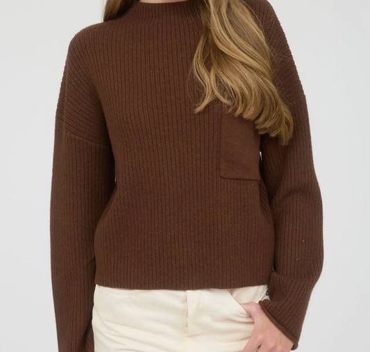 Mock Neck Pocket Detail Long Sleeve Sweater - Mocha