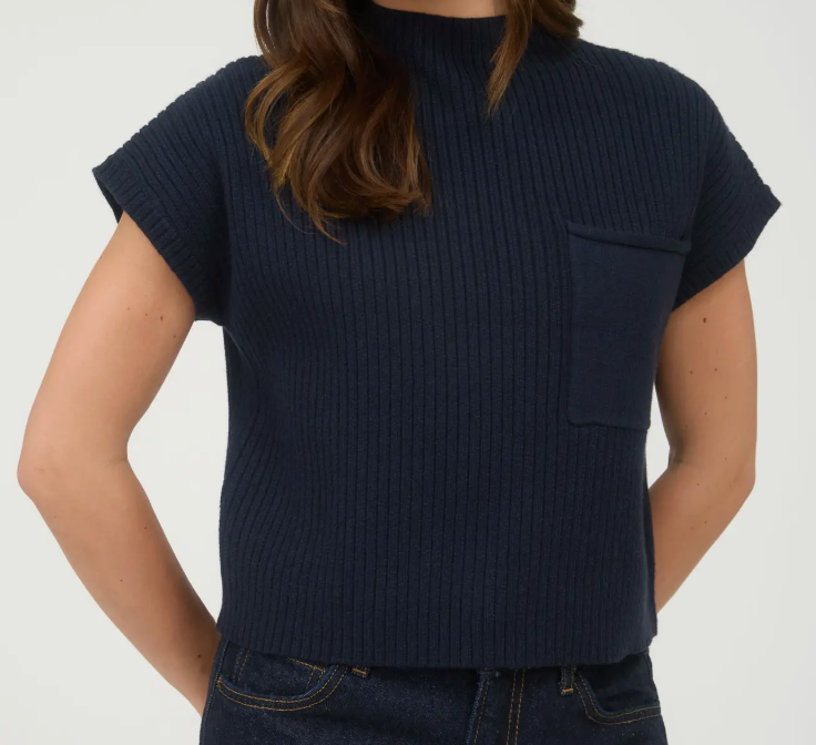 Mock Neck Short Sleeve Knit Sweater - Navy