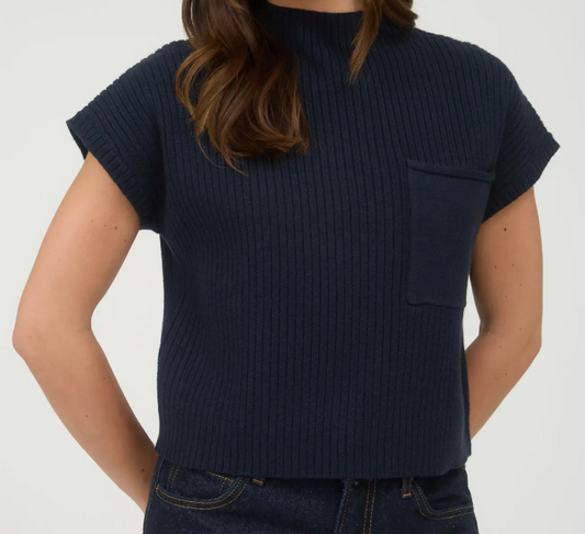Mock Neck Short Sleeve Knit Sweater - Navy