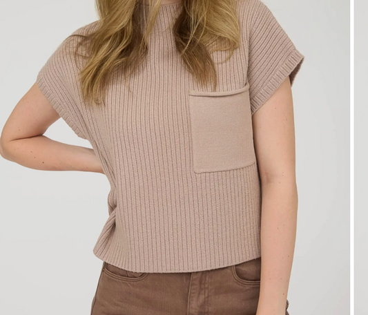 Mock Neck Short Sleeve Knit Sweater - Ivory Taupe