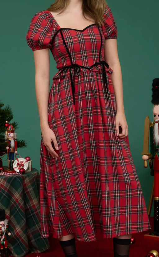 Plaid Puff Sleeve Velvet Trim Midi Dress