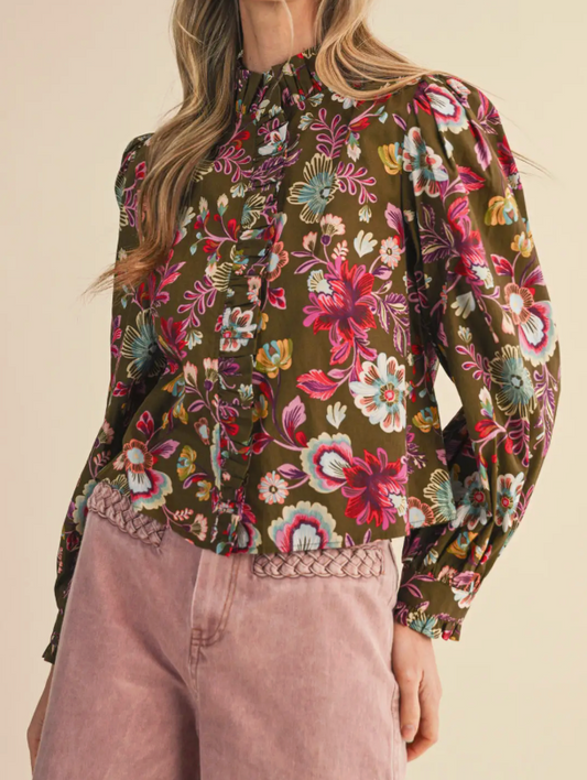 Exclusive Floral Print Ruffled Button Down Top