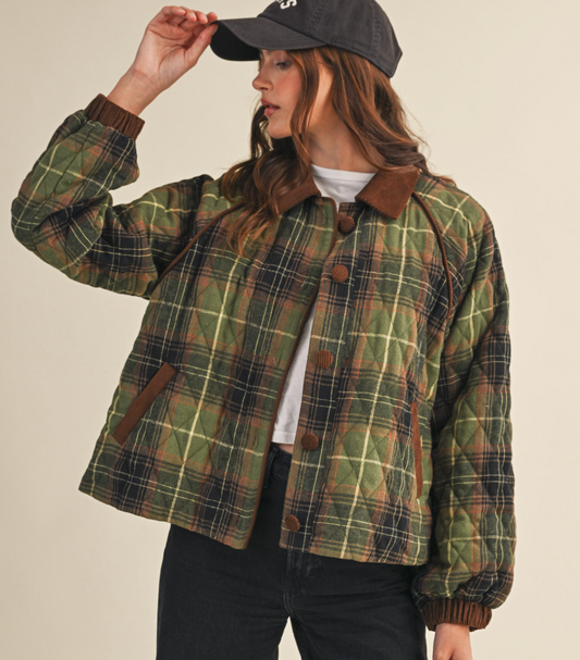 Plaid Quilted Jacket with Contrast Corduroy Detail - Green