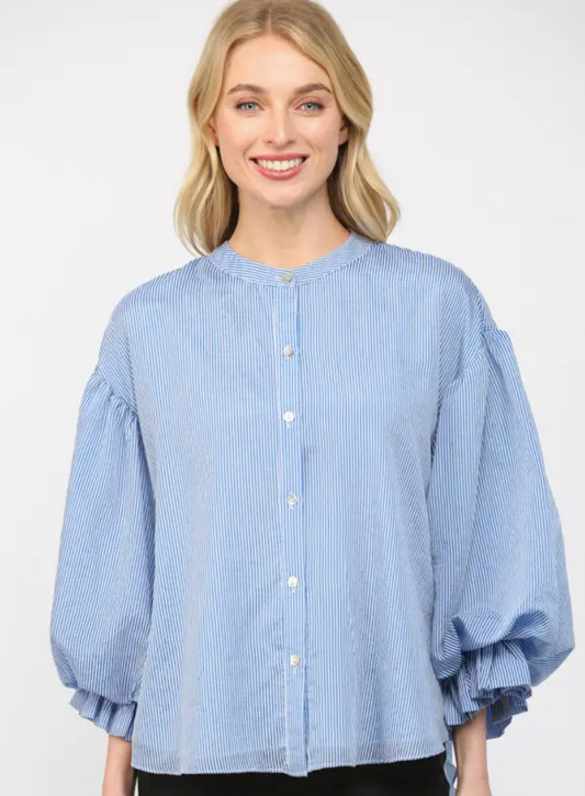 Pinstripe Voluminous Bubble Sleeve Blouse
